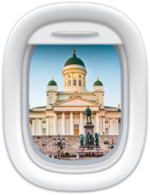 photo of Helsinki Cathedral in Finland, in an airplane window